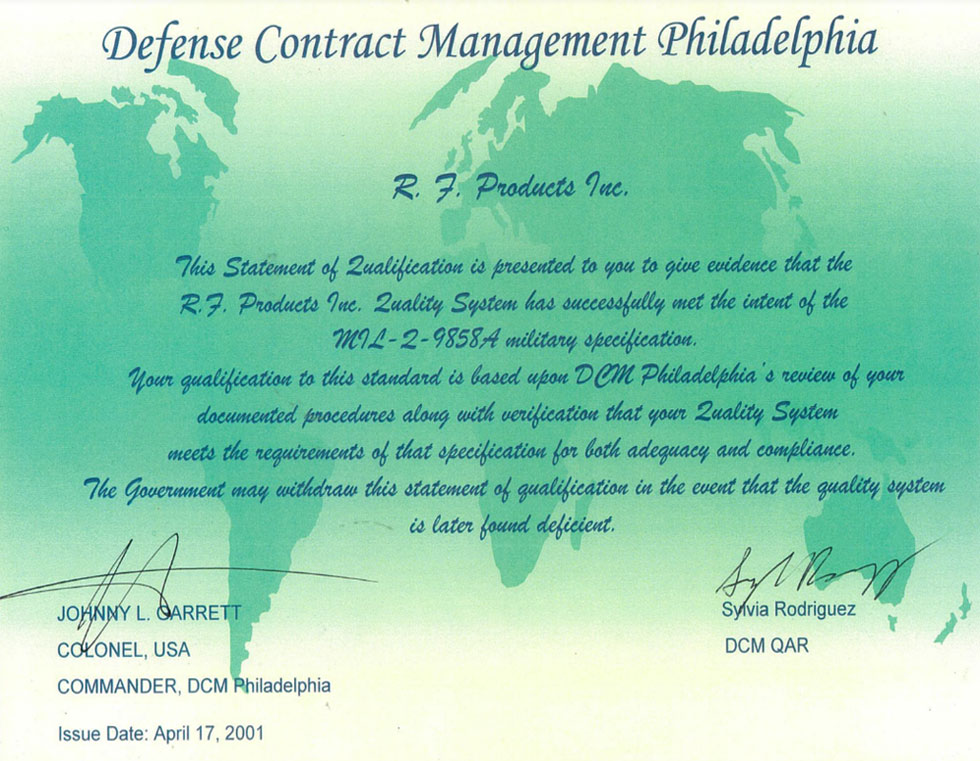 Mil-Q-9858A Quality Certificate