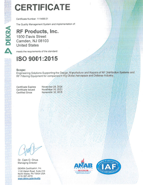 ISO 9001: 2015 Quality Certificate of Conformance
